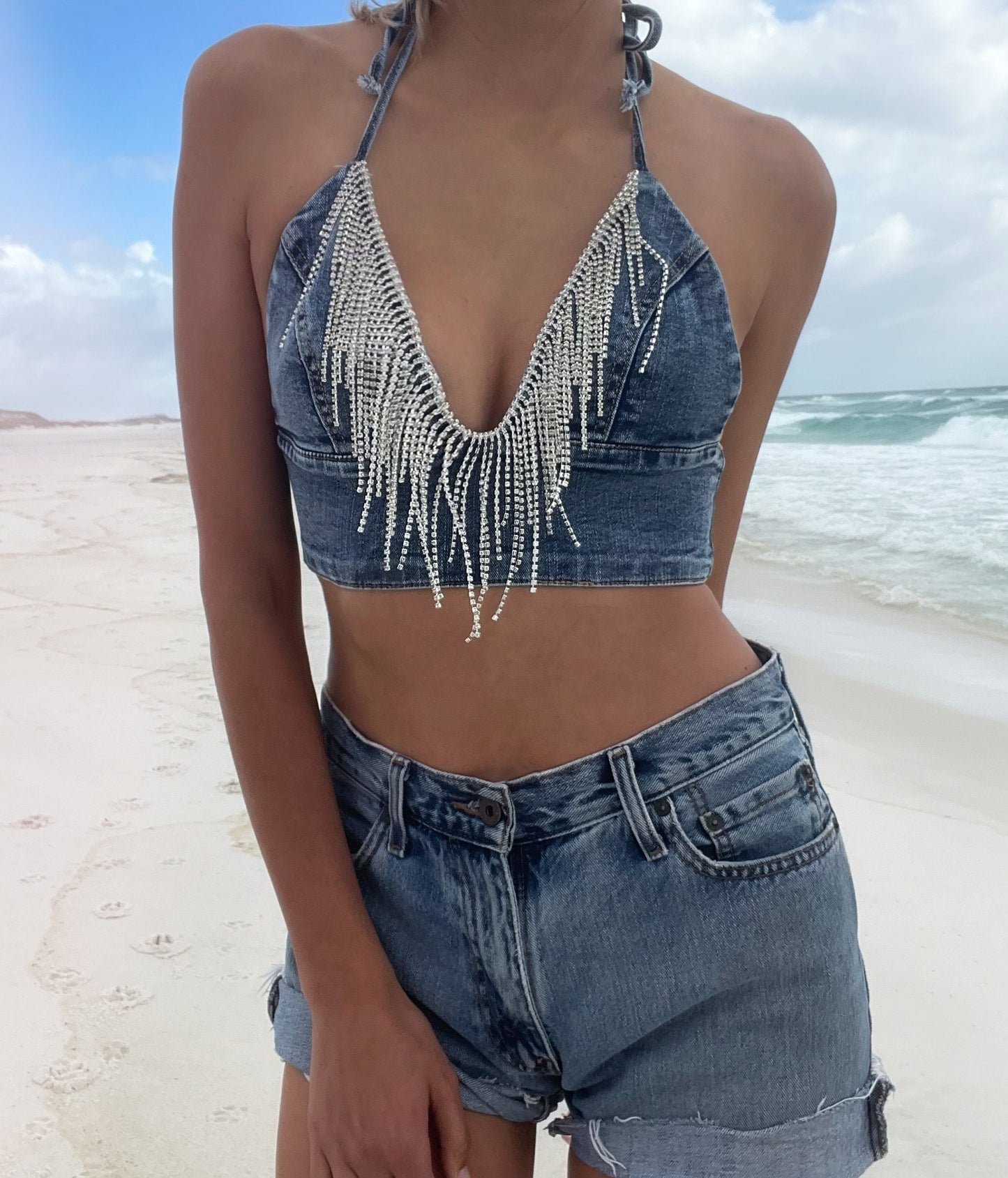 Denim Crop Top Festival Bralette Adjustable Halter Top Rave clothing Bachelorette party outfit